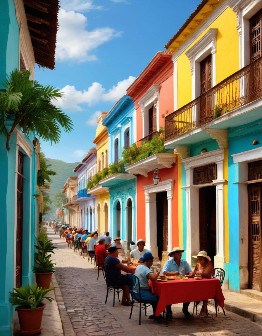 A vibrant street scene from Santiago de Cuba showcasing colorful colonial buildings, lively local musicians playing traditional Cuban music, and people enjoying authentic Cuban cuisine at outdoor cafes. Include tropical plants and hints of the Caribbean sea in the background, capturing the essence of culture and charm. super-realistic. vibrant colors. 3D.