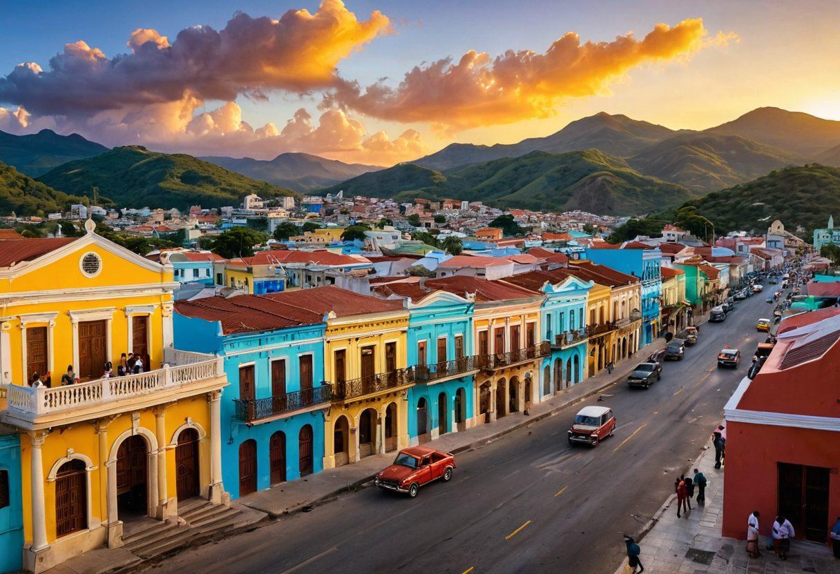 A picturesque view of Santiago de Cuba featuring colorful colonial buildings, vibrant streets filled with local artists, and a backdrop of lush mountains. In the foreground, include a lively market scene with vendors showcasing local crafts and traditional food. Capture the warm sunset hues that bathe the city in golden light, inviting travelers to uncover its hidden gems. super-realistic. vibrant colors. 3D.
