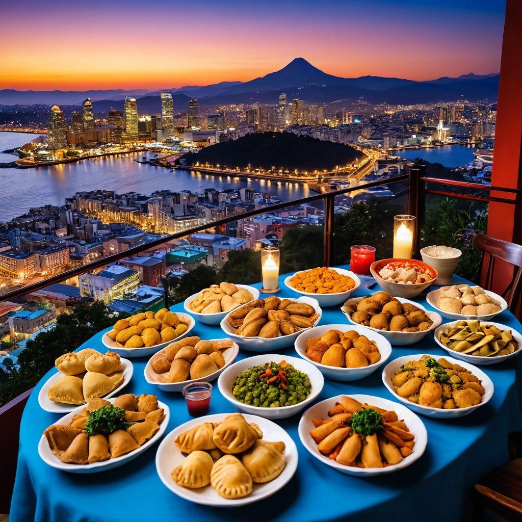 An inviting table set with an array of colorful Santiago culinary dishes, showcasing vibrant empanadas, fresh seafood, and spicy pebre, with a backdrop of Santiago's iconic skyline at sunset. The atmosphere is warm and lively, filled with hints of traditional Chilean culture, including decorative elements like pottery and textiles. Capture the essence of a vibrant food market, with a mix of textures and preparations. super-realistic. vibrant colors. warm lighting.